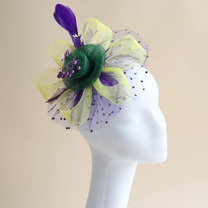 WLBON Fascinators Hat 20s 50s Headband Hair Clips Flower Feather Headpiece Headwear Women Halloween Carnival Cocktail Wedding Church Cosplay Dress Up Birthday Tea Party Accessories Green Yellow Purple - color: Green Yellow Purple
