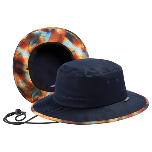 UPF 50+ Foldable Sun Hat Patterned Under Brim Bucket Hats for Summer Hiking Fishing Beach Safari Men Women - color: Khaki & Navy, size: Medium