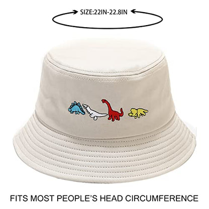 XYIYI Fashion Embroidery Bucket Hat Cotton Beach Fisherman Hats for Women Girls - color: Little Dinosaur Beige