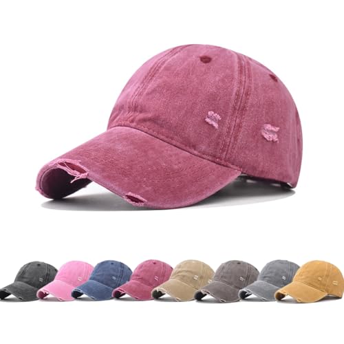 YuMENo Distressed Baseball Cap for Women Men Vintage Washed Cotton Low Profile Adjustable Dad Hats - color: Wine Red