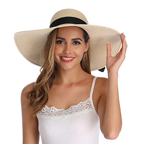 Lanzom Womens Wide Brim Straw Hat Big Floppy Foldable Roll up Cap Beach Sun Hat UPF 50+ - color: Bowknot-khaki