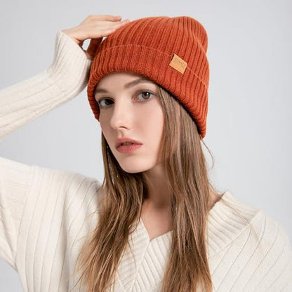 100% Merino Wool Cuff Beanie Hat, Unisex Warm Winter Caps Soft, Breathable & Cozy Stretchy Knitted Cuffed Cap - color: Dark Orange