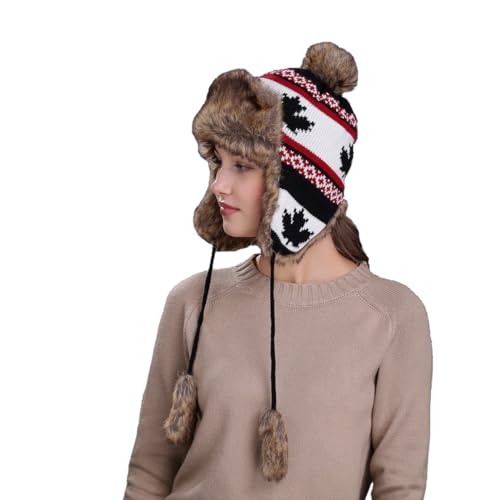 Holiberty Womens Winter Knit Beanie Hat Ladies Fur Pom Poms Ears Warm Slouchy Snow Ski Cap Fleece Thermal Ushanka Trapper Hat - color: Black