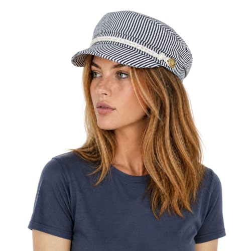 C.C Cotton Fisherman Cap for Women – Classic Fiddler Hat, Lightweight Breathable Cotton, Trendy Greek Fisherman Style - color: Cotton Pin Stripe-navy