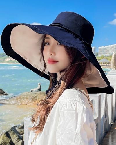 HUAMULAN Women Summer Vacation Wide Brim Sun Hat Reversible Fishing Hats - color: Navybeige
