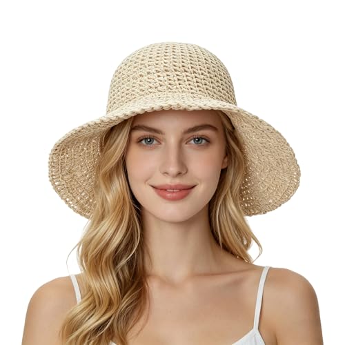 Straw Beach Sun Hats for Women Foldable Floppy Wide Brim Summer Travel Straw Sun Hat Packable Straw Bucket Hat - color: Beige