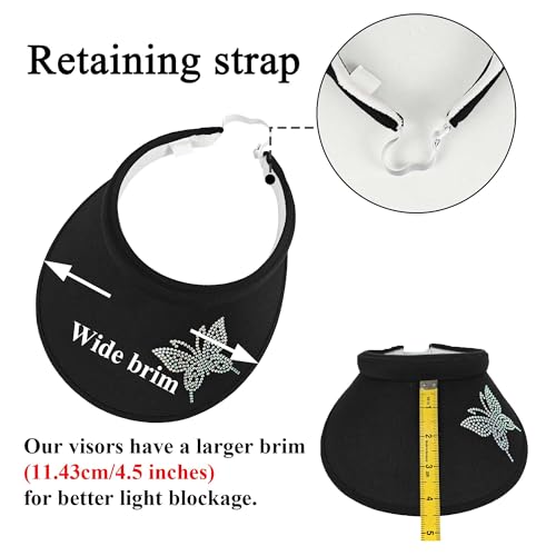 2 Pack Sun Visors Women Wide Brim Clip on Summer Hats Adjustable UV Protection - color: Butterfly-black,white
