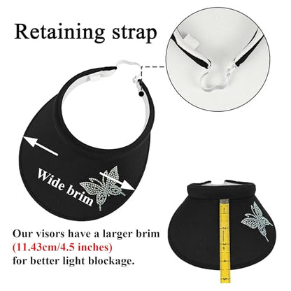 2 Pack Sun Visors Women Wide Brim Clip on Summer Hats Adjustable UV Protection - color: Butterfly-black,white