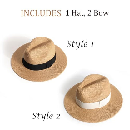 DRESHOW Women Straw Panama Hat Travel Fedora Beach Sun Hat Summer Wide Brim Straw Roll up Hat UPF 50+ - color: 1 Pack Straw Hat: Khaki (+ 2 Replaceable Ribbon Bands)