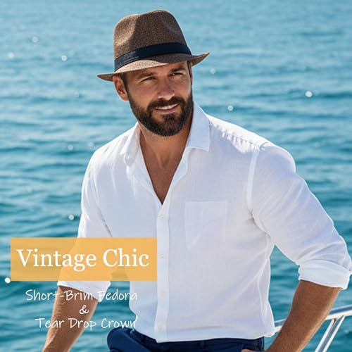 Classic Short Brim Fedora Summer Beach Trilby Hat - color: Black Band-coffee