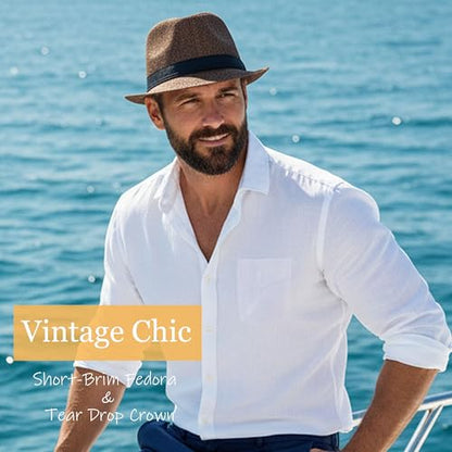 Classic Short Brim Fedora Summer Beach Trilby Hat - color: Black Band-coffee