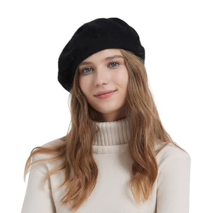 2 Pieces Beret Hat Women French Wool Beret Solid Color Beret Cap - color: Black+red