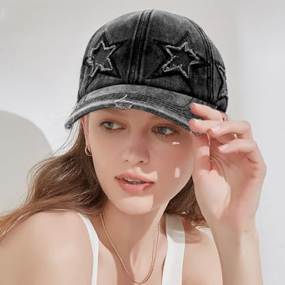 Retro Washed Distressed Baseball Cap with Five Pointed Stars for Women Men - color: Black