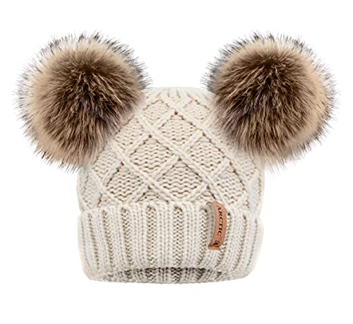 Arctic Paw Womens Winter Hat Cable Knit Beanie for Women Faux Fur Pompom Ears - color: Beige_grid