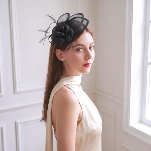 Sinamay Fascinator Hat Headband Clip for Women Tea Party - color: Black-01