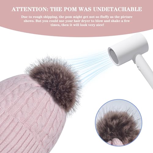 FENELY Women's Knitted Warm Beanie Winter Hat, Warm Chunky Snow Hat with Pompom - color: Pink