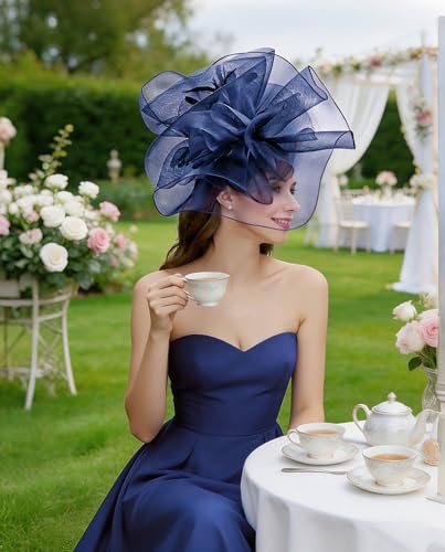 Z&X Sinamay Fascinator Hat Floral Feather Pillbox Derby Hats for Women Wedding Tea Party with Headband Clip - color: 006b Navy Blue