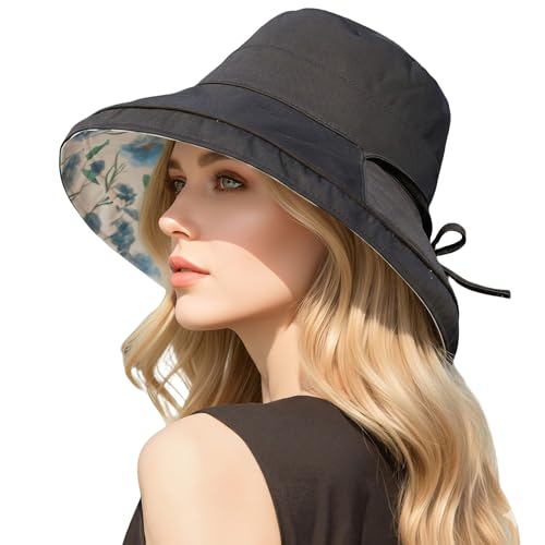 HUAMULAN Women Wide Brim Reversible Sun Hat Summer Beach Fishing Bucket - color: Black Floral