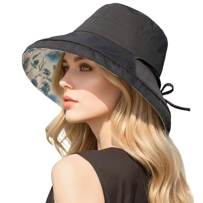 HUAMULAN Women Wide Brim Reversible Sun Hat Summer Beach Fishing Bucket - color: Black Floral