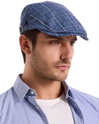 ZLYC Men Cotton Flat Cap Summer Scally Newsboy Beret Driver Hat - color: Plaid Blue