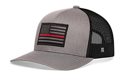 HAKA American Flag Hat | USA Mesh Trucker Snapback Comfort Baseball Cap - color: Gray & Black, style: Thin Red Line (Grey Stripes)