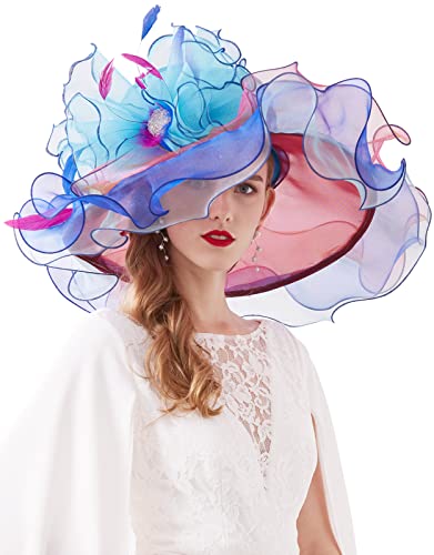 Z&X Women Organza Church Derby Hat Wide Brim Sun Hats for Wedding Tea Party Fascinator Hat, Dual-use - color: 013a- Colorful