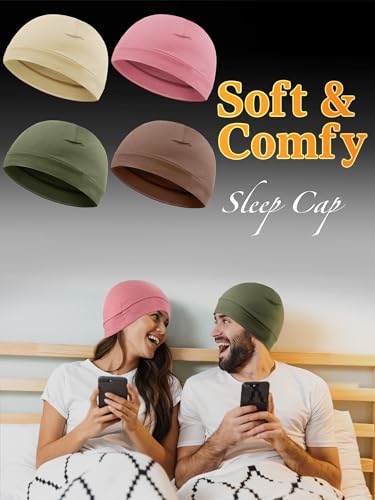 Syhood 4 Cotton Skull Caps for Men Women Sleep Night Hat Beanie - color: Army Green, Pink, Brown, Beige
