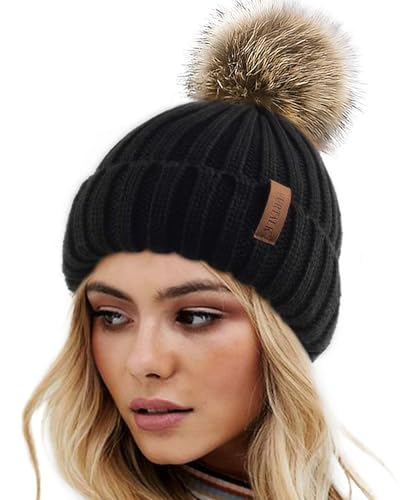 FURTALK Womens Winter Knitted Beanie Hat with Faux Fur Pom Warm Knit Skull Cap Beanie for Women - color: Black