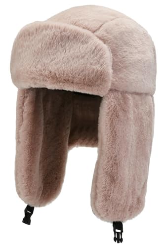 따뜻한 트래퍼 모자 여성용 남성용 Ushanka 모자 에비에이터 모자 이어 플랩 러시아 모자 추운 날씨용 겨울 인조 모피 모자 - color: 핑크