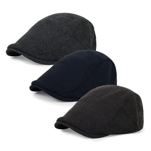 3Pcs Cotton Newsboy Hat for Men Cool Adjustable Flat Cap - color: Herring Bone-darkgrey+darknavy+brown