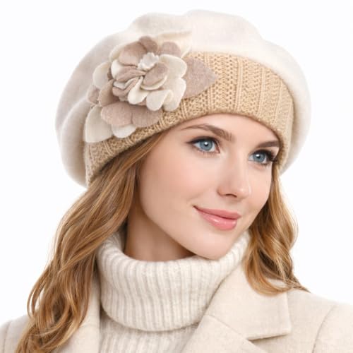 Lady French Beret 100% Wool Beret Chic Beanie Winter Hat HY023 - color: Cream