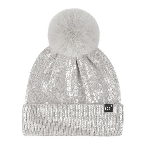 C.C Sequin Pom Beanie for Women - Acrylic Stretchable Soft Warm Knit Winter Skully Hat with Yarn Pom - color: Clear Sequin-lt. Grey