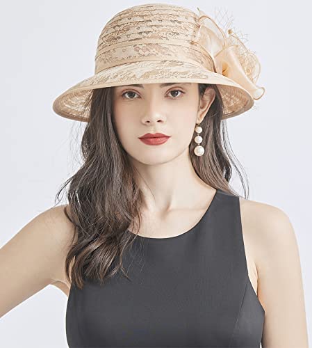 Organza Fascinator Hat - Women’s Wide Brim Church Bridal Tea Party Wedding Hat - color: 03-khaki