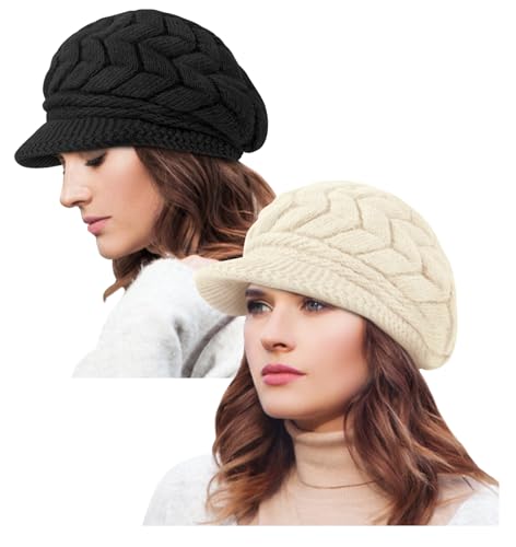 YSense 2 Pack Womens Winter Hats Warm Knit Beanie with Visor - color: Black Beige