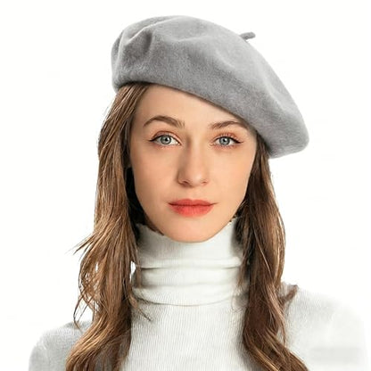 ZLYC Wool French Beret Hat Solid Color Classic Artist Cap for Women - color: Gray