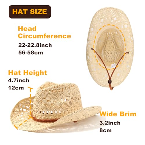 AQOKKA Straw Cowboy Hats for Women Men Western Cowgirl Hats with Shapeable Brim Woven Hollow Out Unisex Beach Roll Up Caps - color: Beige
