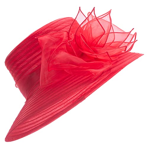 Womens Wedding Occasion Floral Wide Brim Church Dressy Sun Hat A323 - color: Red
