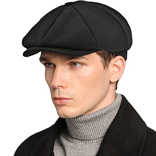 Mens Newsboy Cap High Woolen Tweed Gatsby Hat Ivy Cabbie Flat Golf Cap for Fathers Women Unisex - color: Black, size: 7 1/8-7 1/4