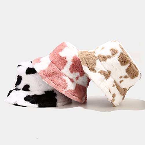 Dirholl Women's Winter Faux Fur Fuzzy Warm Bucket Hat - color: Cow Pattern Khaki