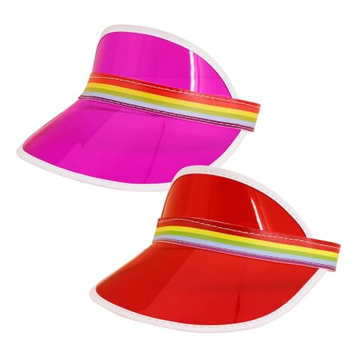 Giovacker Womens Mens PVC Clear Colorful Sun Visor Hats - color: Rainbow Print - Rose Red + Red