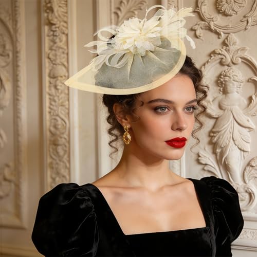 Women Vintage Fascinator Hat Flower Feather Mesh Headband Clip Pillbox Headwear for Wedding Tea Party - color: 01 Beige