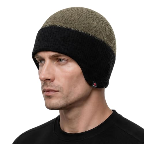 TOP-EX Waterproof Ear Flap Beanie for Men, Polartec Fleece Lined - color: Black & Army Green, size: Medium-Large