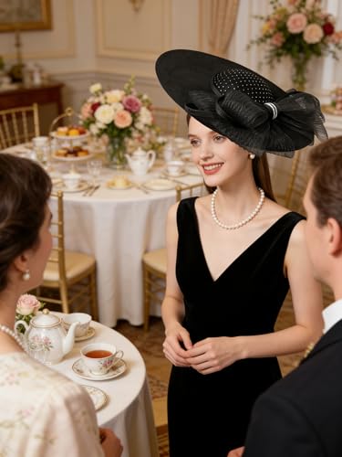 dressfan Wide Brim Fascinator Hats for Women,20s Linen Rhinestones Bow Big Hat for Derby Church Wedding Tea Party - color: Black