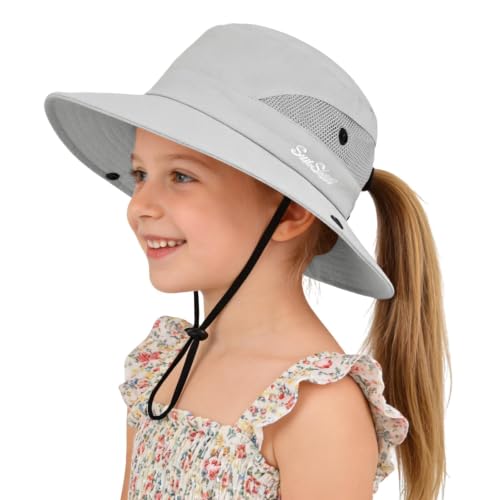 ZOORON Kids Girls Ponytail Sun Hat UPF 50+ Breathable Mesh Water-Resistant - color: Solid Gray