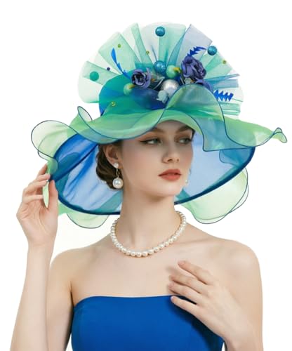 ORIDOOR Women Organza Fascinator Church Derby Hat Floral Tea Party Wedding Hat - color: 04-bule