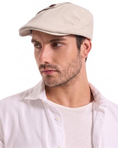 ZLYC Men Cotton Flat Cap Summer Scally Newsboy Beret Driver Hat - color: Button Decor Beige