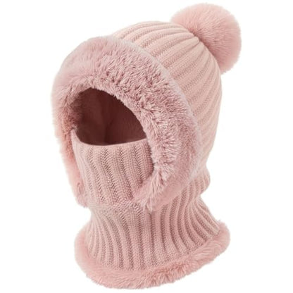 AQOKKA 3 in 1 Knit Fleece Lined Beanie Hat with Scarf and Mask Warm - color: Pink