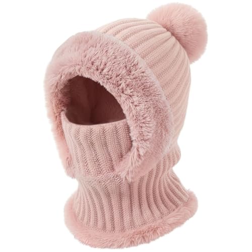 AQOKKA 3 in 1 Knit Fleece Lined Beanie Hat with Scarf and Mask Warm - color: Pink