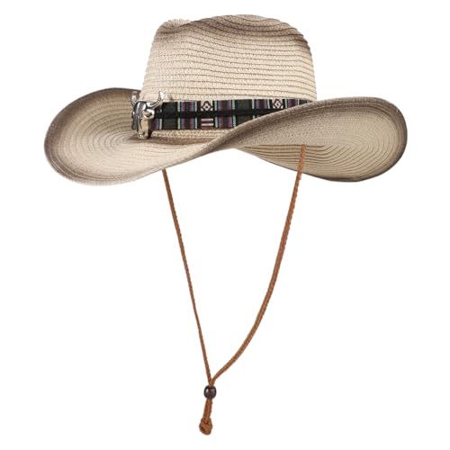 Western Straw Cowboy Cowgirl Hat for Men Women Wide Brim Cowboy Hat with String Shapeable Sun Beach Cap Fishing Cap - color: Brown-white