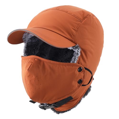 Home Prefer Waterproof Mens Faux Fur Trooper Trapper Hat Hunting Warm Winter Hat with Ear Flaps Visor Face Mask - color: Caramel Brown